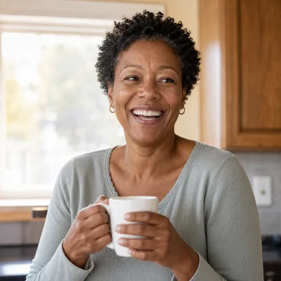 A woman in her forties laughing in a bright kitchen, holding a mug with both hands